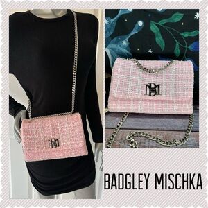 BADGLEY MISCHKA | Baby Pink Shimmer Tweed Chain Crossbody or Shoulder Bag NWT
